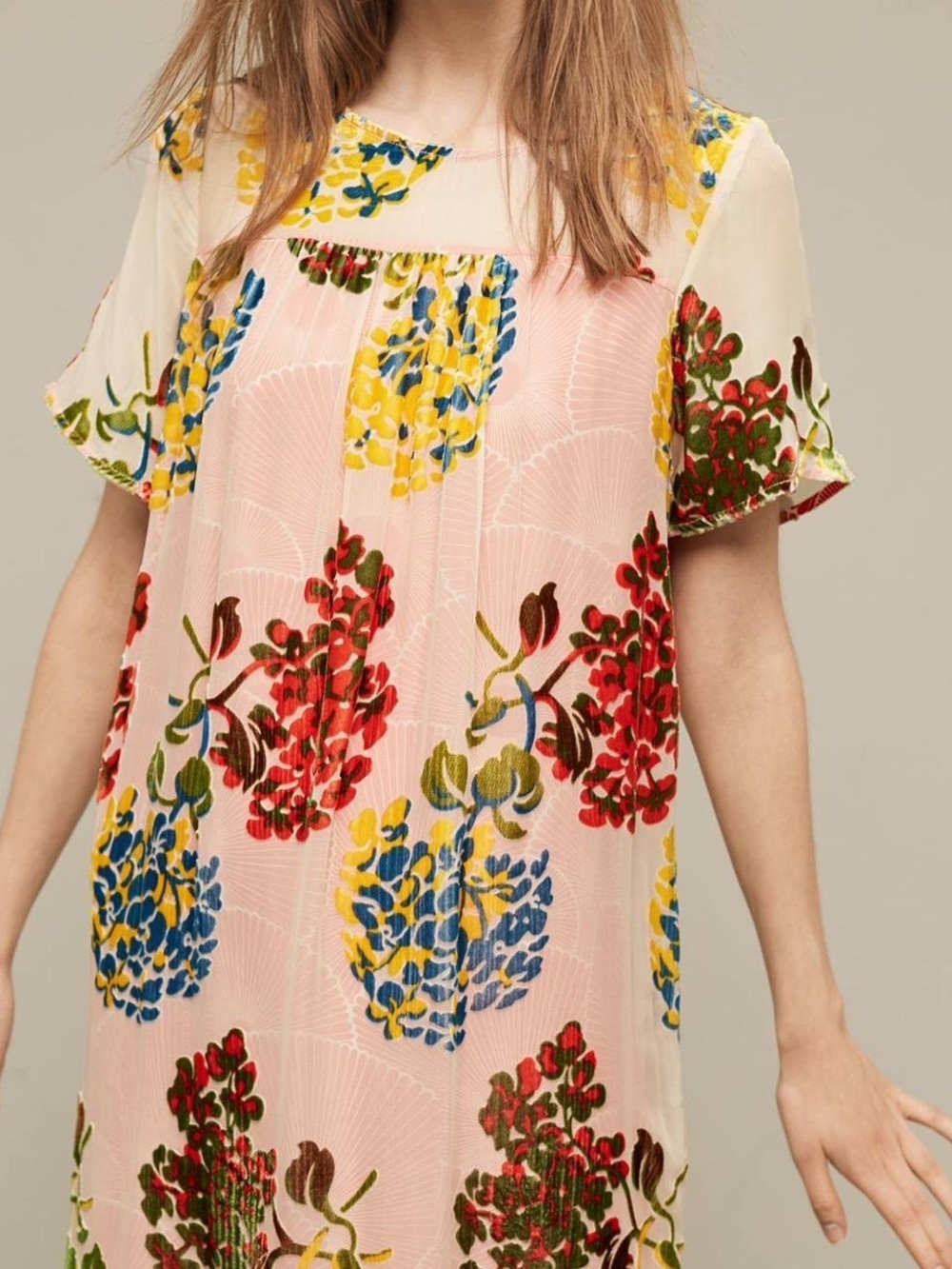 Anthropologie Maeve Pink Floral Short Sleeve Tunic Dress with Multicolor Blooms